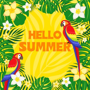 Tropikal yaprakları ve papağan ile Yaz parlak afiş. Yazıt Merhaba yaz. Vektör çizimi