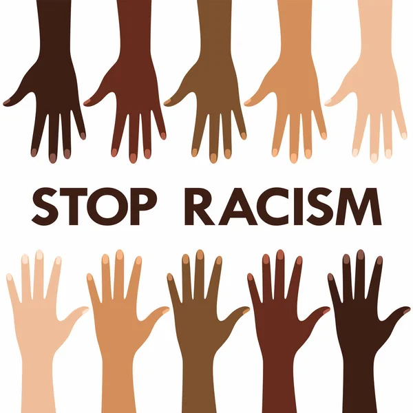 Cartaz Contra Racismo Discriminação Com Mãos Com Diferentes Cores Pele — Vetor de Stock