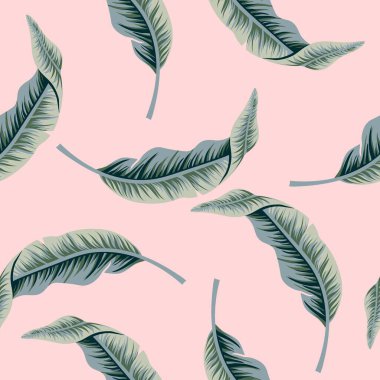Tropik klasik muz yaprağı dikişsiz desen. Egzotik duvar kağıdı. Vektör yeşil yapraklar ve pembe arka plan. Moda, iç mekan, ambalaj, uygun ambalaj.
