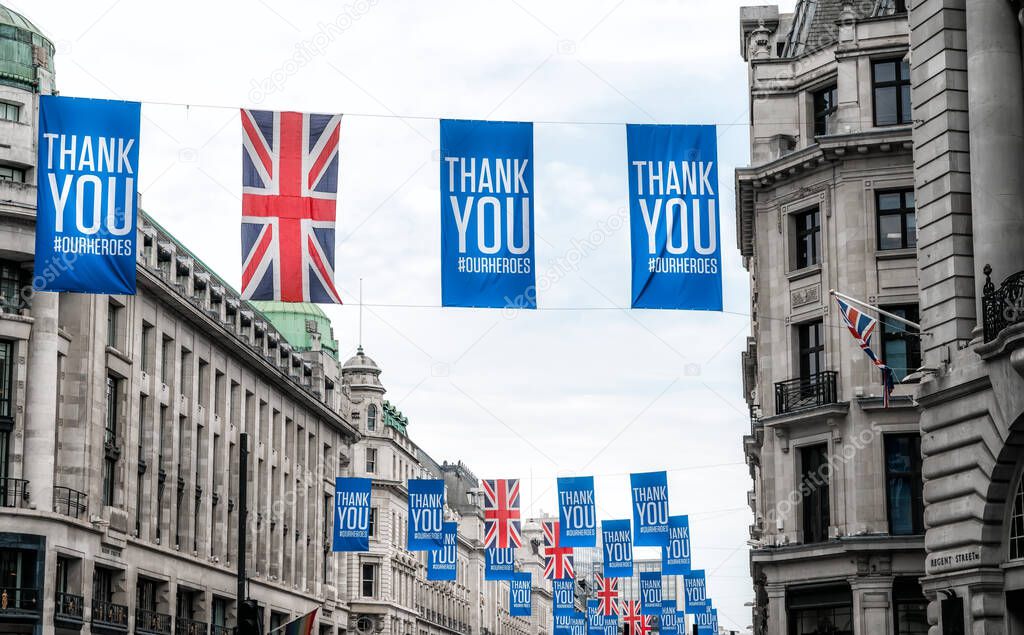 Public Banner with Thanks to British Medical Staff in response to Coronavirus in London, UK