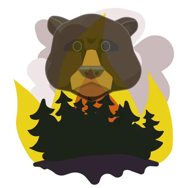 印刷のためのベクトル図として作られた白い隔離された背景に松の森と煙を燃焼茶色のクマの顔 生態学や環境保護部門のためのウェブサイトの装飾 — ストックベクタ