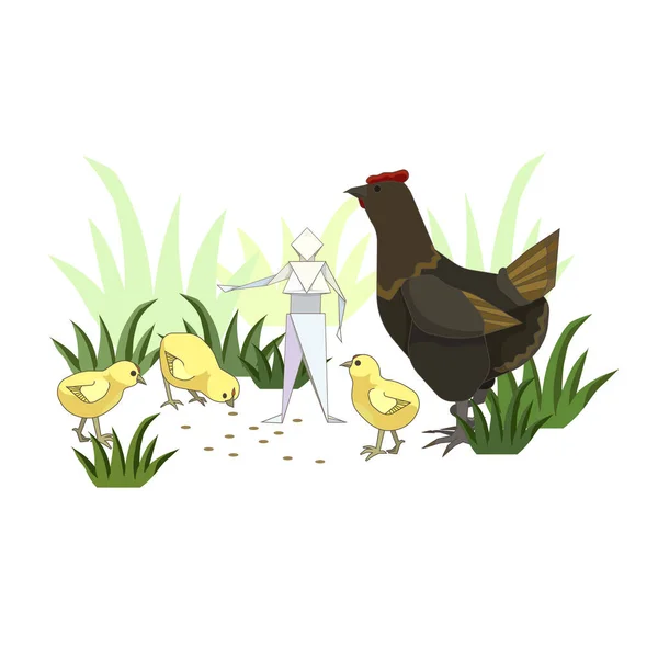 Маленький Оригами Человек Кормит Цыплят Курицу Белом Изолированном Фоне Сделанном — стоковый вектор