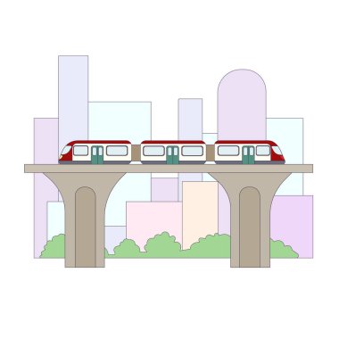 Şehir manzaralı, posterdeki ve broşürlerdeki baskılar, toplu taşıma, şehir hayatı ve metro konularındaki web sitelerinin dekoru için vektör ilüstrasyon olarak yapılan bir köprü üzerindeki metro hattı.