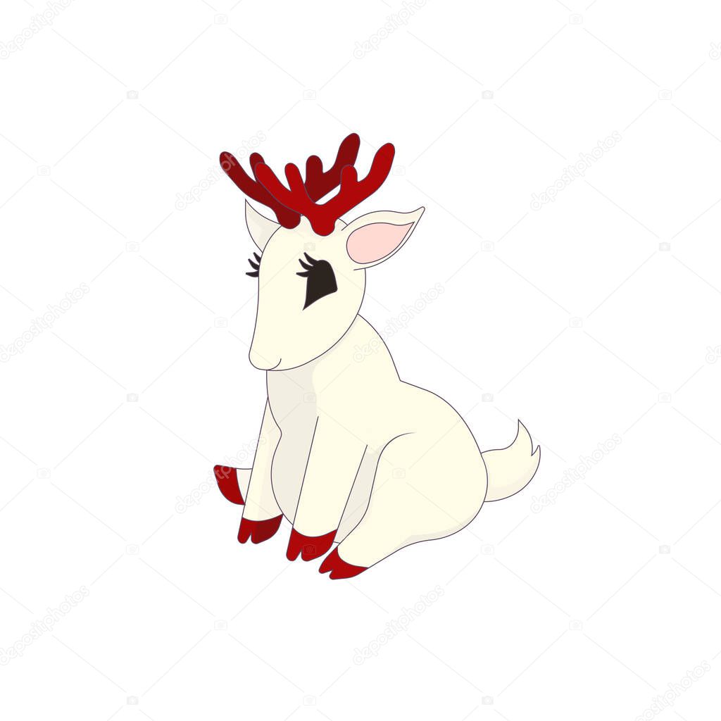 A deer made with red hoofs and antlers in Cartoon style on white isolated background, vector stock illustration to make prints, postcards for Christmas, icons foe apps or social networks or logos.