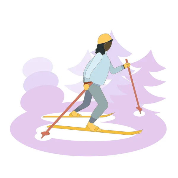 Una Mujer Sobre Esquís Árboles Invierno Muñeco Nieve Sobre Fondo — Vector de stock