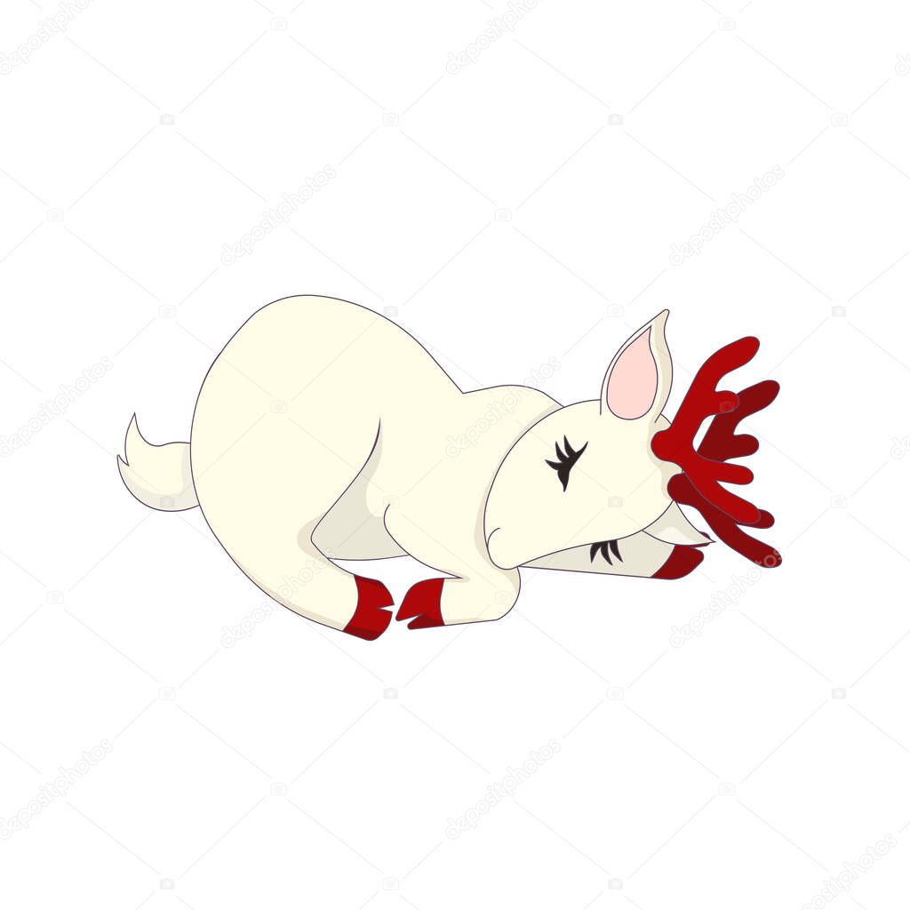 Sleeping white deer having red hoofs and antlers on white isolated background, vector stock illustration made in Cartoon style for prints, patterns, logos and icons, decor of websites and postcards.