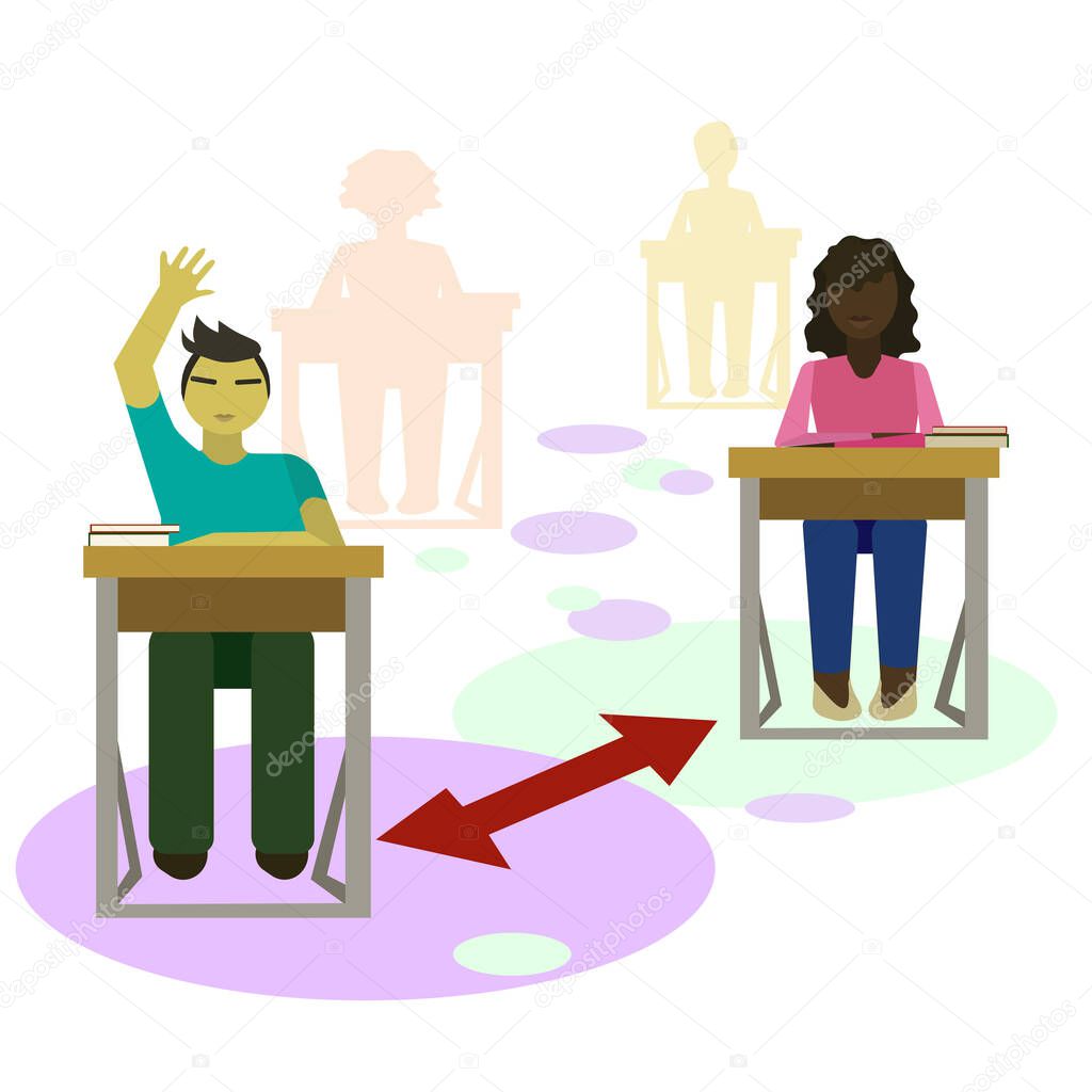 A vector illustration showing distance at institutions like schools, colleges during and after pandemic, concept of Keeping Distance, Prevention of Viruses, Social Rules at Education Establishments.