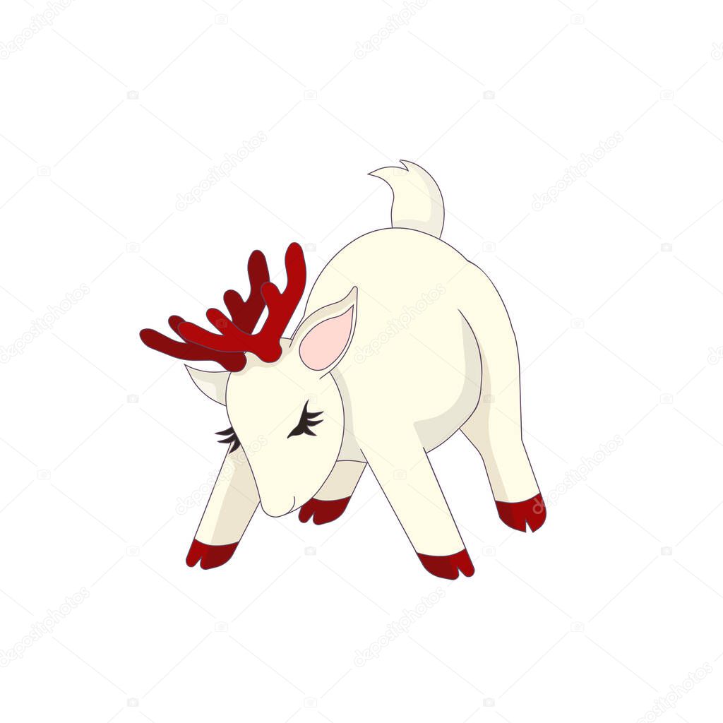 Cute white deer with red antlers and hoofs bowing to you on white isolated background made as a vector illustration in Cartoon style for prints on clothes, cups, postcards or notebooks and logos, icons. 
