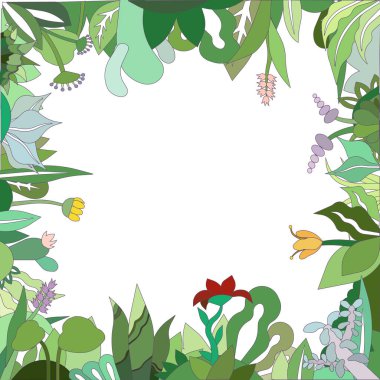 Web sitelerinin dekorasyonu, kartpostallar, grafik tasarımı için izole edilmiş beyaz arkaplan üzerinde ana hatlı çayır bitki örtüsü ve metin yeri, doğada ve organik tarzda vektör illüstrasyonuna sahip soyut kare çerçeve.