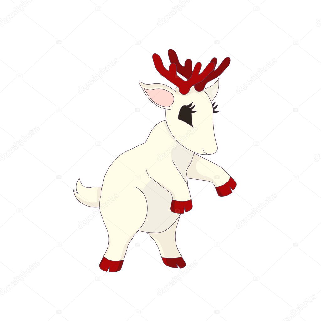 White deer with red hoofs and antlers is rearing up on white isolated background, lined vector stock illustration made in Cartoon style for prints, icons, stickers and elements of design for postcards.