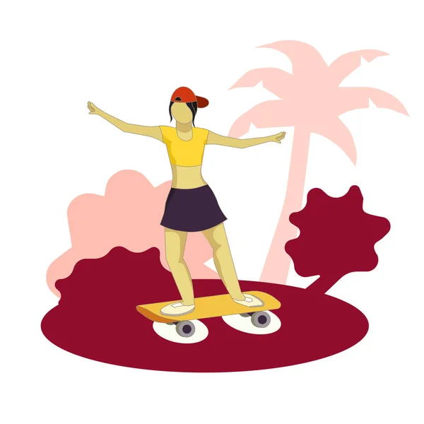 Ragazza Berretto Rosso Skateboard Arancione Parco Marrone Sfondo Bianco Isolato — Vettoriale Stock