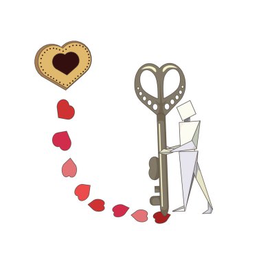 Küçük Origami Adam, anahtar ve anahtar deliğiyle izole edilmiş beyaz arka planda, kartpostallarda ve defterlerde veya dekor elementlerinde baskı olarak kullanılabilen bir vektör çizimi var..  