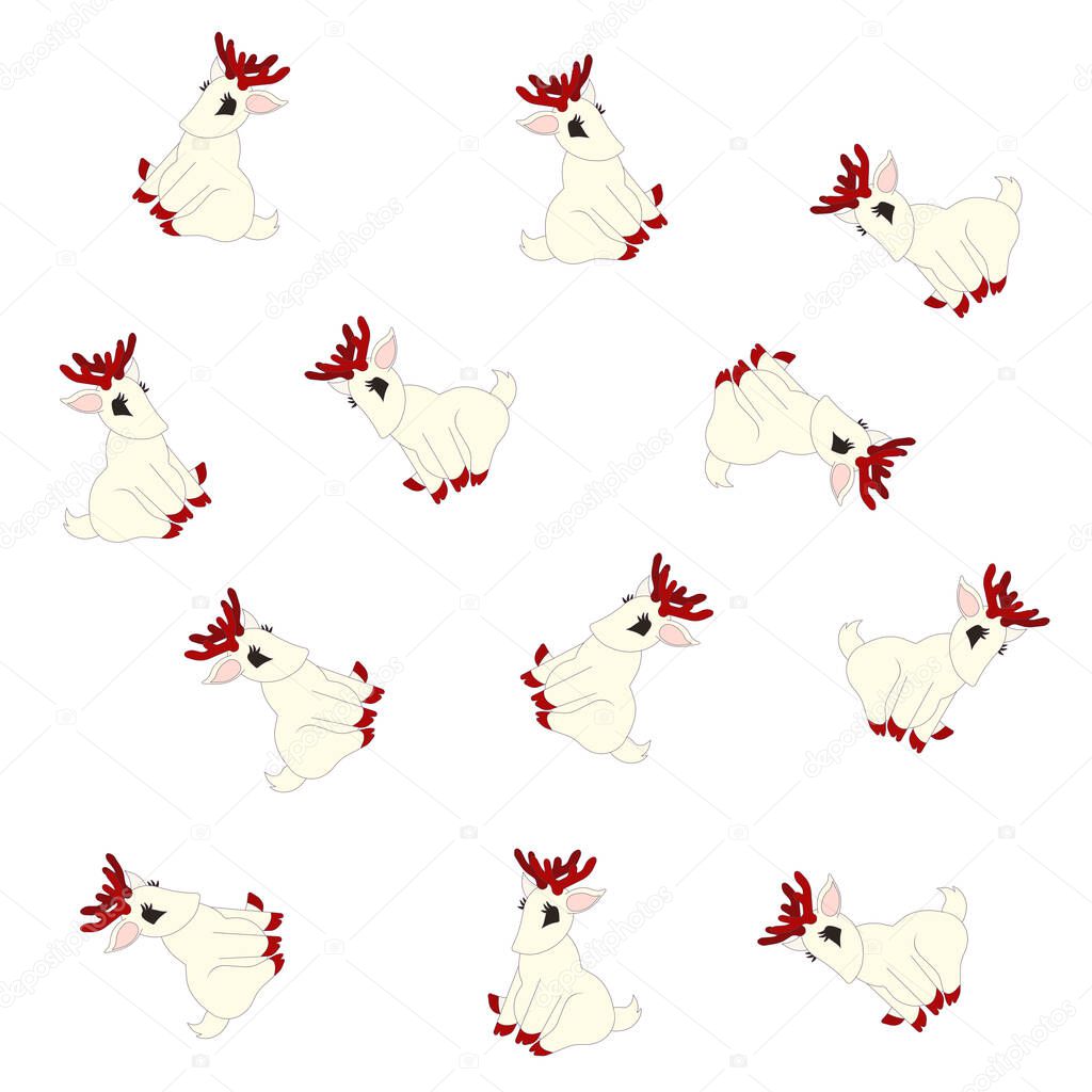 Cute white deer, red antlers and hoofs on white isolated background made as a vector stock illustration in Cartoon style for prints on wrapper, boxes, cases, notebooks or using as elements of design.