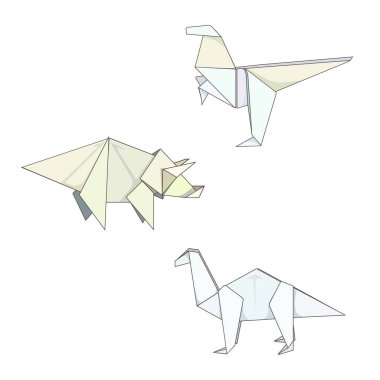 Origami tarzında beyaz kağıttan yapılmış farklı dinozorlar, beyaz izole edilmiş arka plan, baskılar, çıkartmalar, kalıplar, posterler, kitaplar için sanat eserleri, kıyafetler, torbalar, ayrıca simgeler ve simgeler için vektör çizimi.