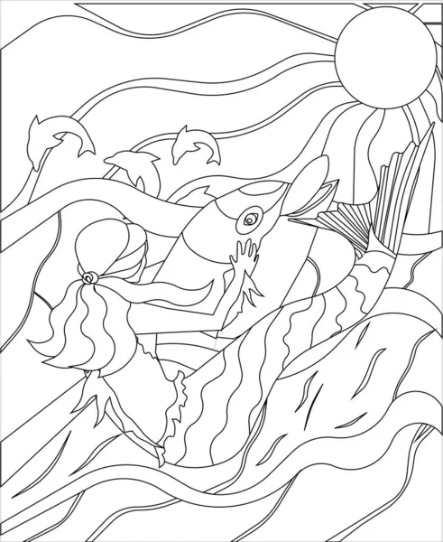 Mořská Panna Delfíni Moře Vyrobené Jako Černý Obrys Vektorové Ilustrace — Stockový vektor