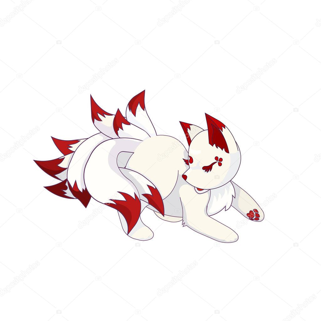 Cute Gumiho or Kumiho playing with his tails in Cartoon style made as a vector stock illustration on white isolated background for prints, patterns, stickers, icons for social networks, emblems. 