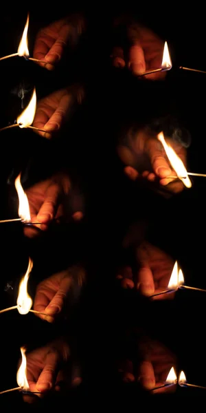 Ручное Освещение Спички Разными Углами Черном Фоне — стоковое фото