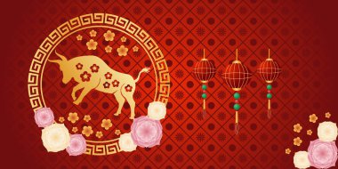 Çin boğa ile Çin arka plan şablonu vektör grafik. düz dizayn. İlan tasarımı. Düz illüstrasyon.