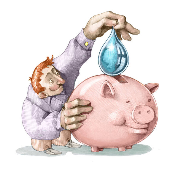 man puts a drop of pure water in a piggy bank