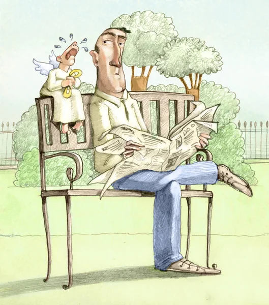 公園のベンチに座っていた男のニュースのための絶望的な叫びを読み取り新聞と彼の守護天使 — ストック写真
