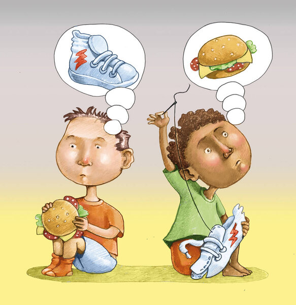 Европейский ребенок ест сэндвич мечты подписаны спортивной обуви азиатский ребенок он шьет подписанный обувь мечтает сэндвич, оба грустные
