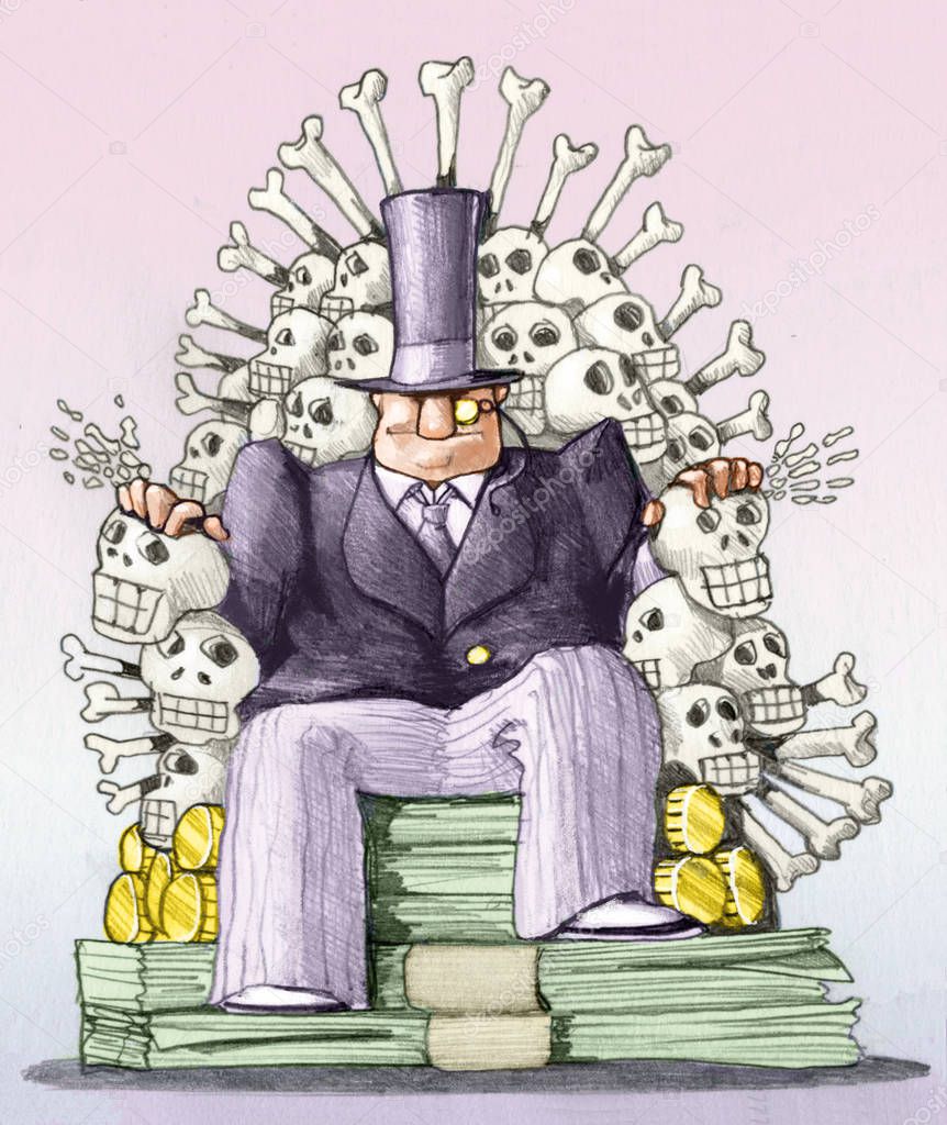 a banker sat on a throne of money and skeletons image of power and destruction