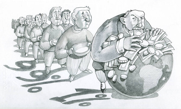 a line of people waits that an arrogant banker finishes eating the planet