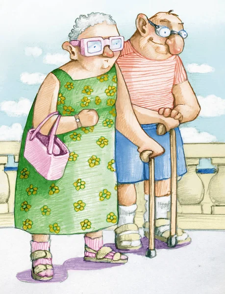 Ouderen Grappige Paar Wandelingen Kust Hebben Tevreden Expressie — Stockfoto