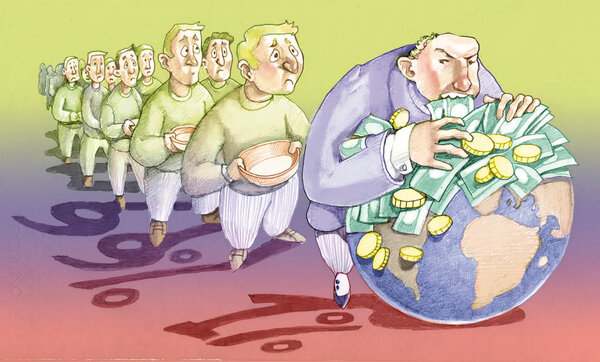 a line of people waits that an arrogant banker finishes eating the planet