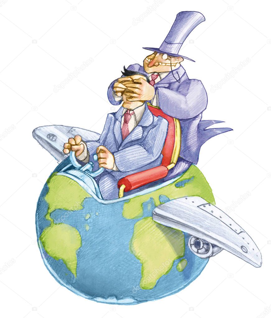 banker closes the eyes of a political that drives the world that seems an airplane political funny cartoon