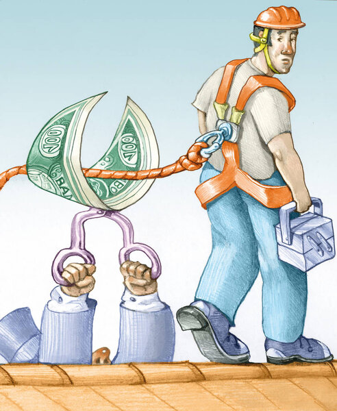 a worker is on the roof its boss cuts the harness using a banknote
