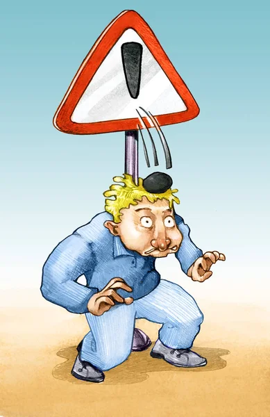 Point Signal Danger Falls Head Worker Hurting Him — Stock Photo, Image