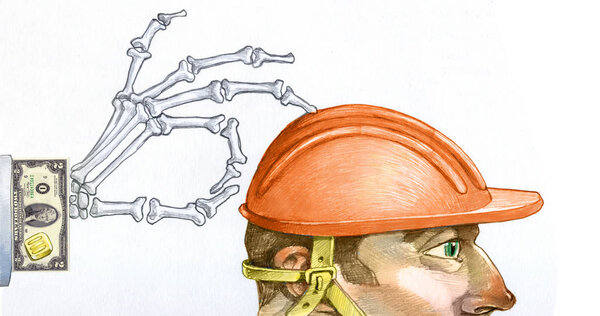 рука скелета выходит из рукава банкноты, чтобы снять защитный шлем с работника
