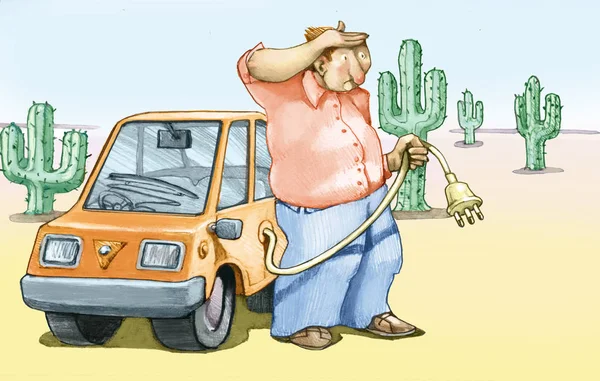 firm electric auto in the autist desert looks far looking for a taking to reload the battery humorous illustration