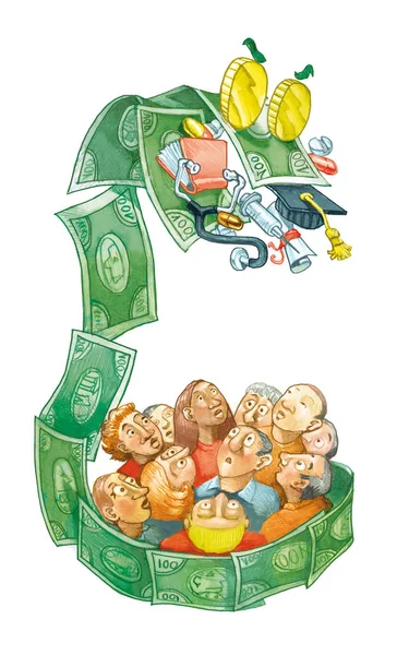 Banknotendrache Volksgruppe Stiehlt Schule Und Gesundheitswesen Politische Karikatur — Stockfoto