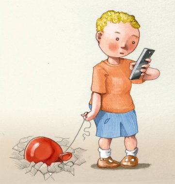 child with smartphon his toy balloon heavy as the lead allegory of the damages of the digital for children conceptual pencil draw clipart