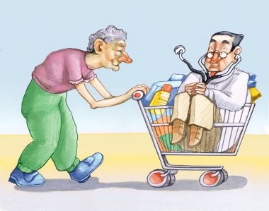 Yaşlı kadın iter schopping sepeti ile ilaç nappers ve Doktor mizah içinde çizmek