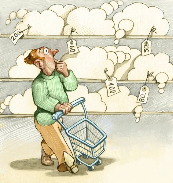 Man Cart Reimburses Supermarket Looks Doubtful Shelf Full Dreams Label — Stock Photo, Image