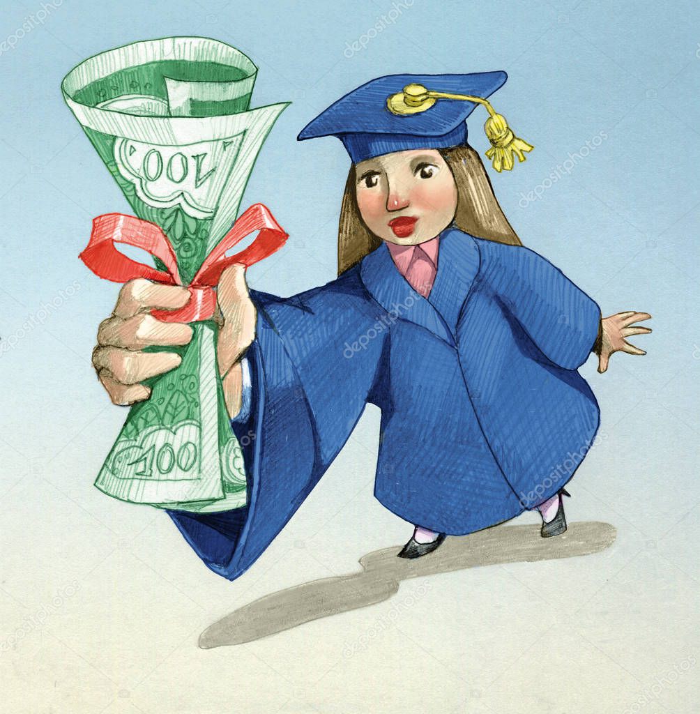 A girl dressed as a graduate holds tall above of if the diploma of degree that is a banknote