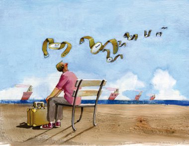 omuz görülen çocuk bir bavul, nerede onlar bazı saatler uçup ufuk doğru görünüyor ile deniz ayaklarına kıyıya bankta oturdu