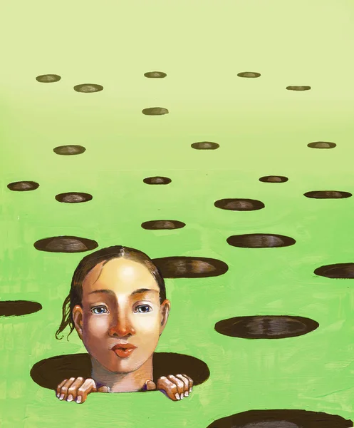 Przebudzenie Pełnego Pola Okrągłymi Otworami Kiełki Curious Oblicze Dziewczynka Surrealistyczne — Zdjęcie stockowe