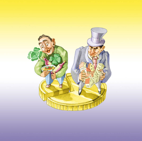 разделенная монета в двух разных частях величайшая принадлежит богатому человеку, который может иметь много домов и зданий наименьшая принадлежит бедному человеку, который может позволить себе только макароны лотереи и виноградной лозы
