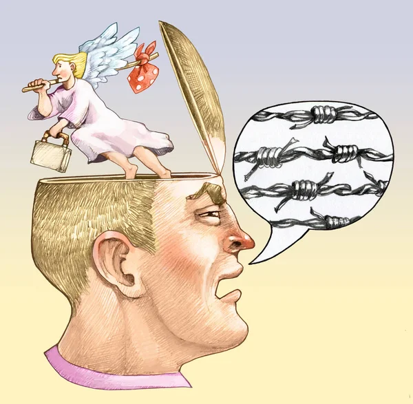 a masculine head in profile comic strip with boned thread from the head the angel of the conscience escapes allegory of racism and violence political cartoon