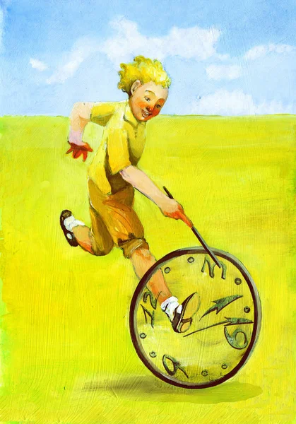 Junge Rennen Mit Dem Kreis Für Ihn Ist Die Zeit — Stockfoto