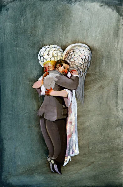 Homem Abraça Anjo Sonhador Rostos Felizes Que Leaven Leggmetafora Casal — Fotografia de Stock