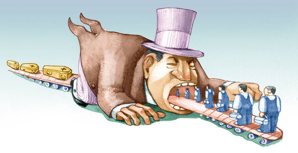 worker life exploitation workers enter a factory represented by a gigantic finanzierel they go out from there from behind of the coffins pensil draw political cartoon