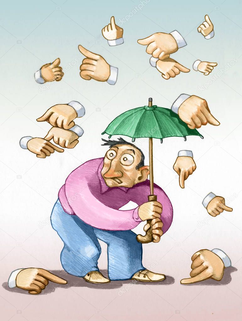 man hides under the umbrella from a rain of accusatory fingers surreal illustration