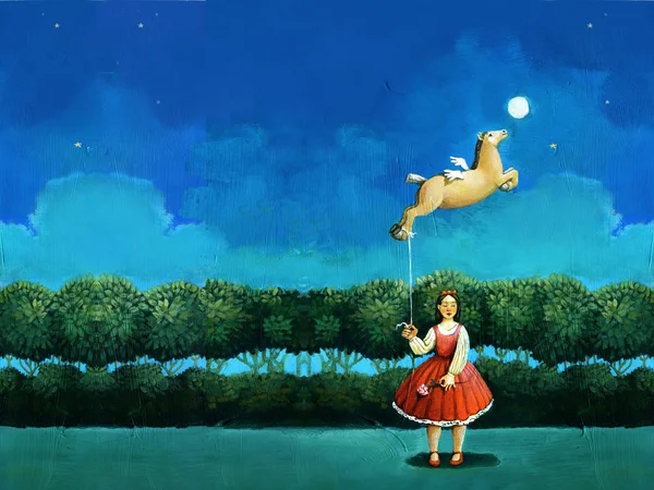 女の子が赤の服を着て夜の女性の飛行の子馬シュールなアクリル塗装原型の形を風船として保持します — ストック写真