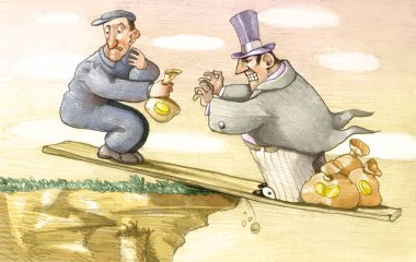 abyss üzerinde kararsız denge içinde bir aks üzerinde bir zengin bir işçi doğru para hırsı ruinously düşmesi, ne anlar çalışan her ikisi de getirecek zaman zaman ama o şey durdurmak bilmiyor