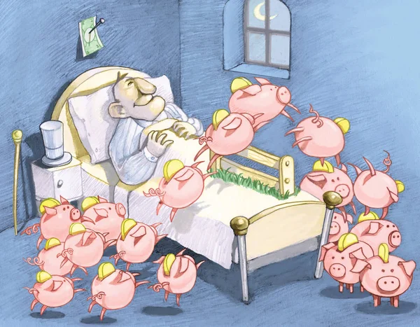 Bogaty Łóżku Zasnąć Liczy Piggy Bank Zamiast Owiec Humorystyczny Ilustracja — Zdjęcie stockowe